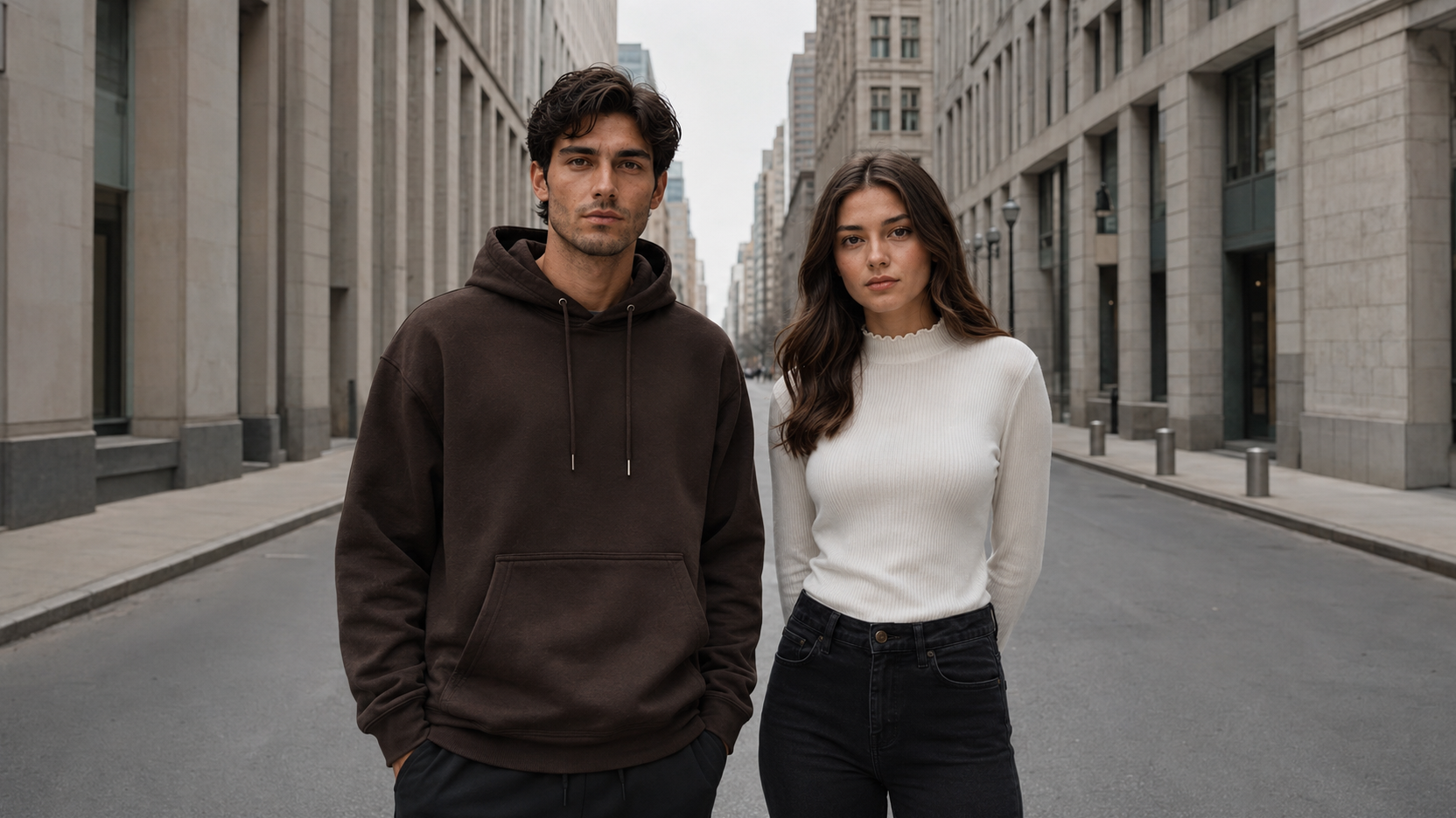 Pareja con sudadera café y blusa blanca de Novedades Adris